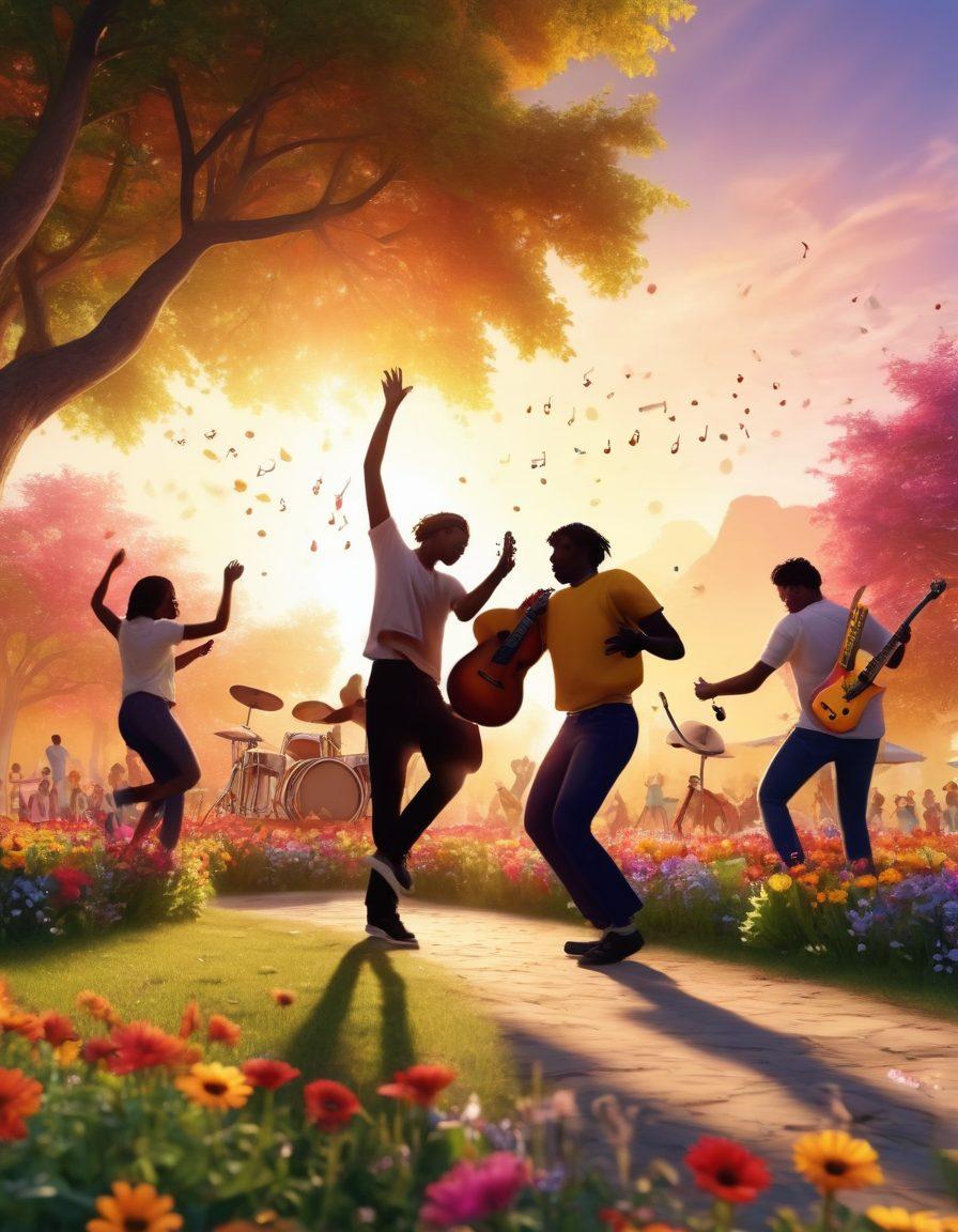 A vibrant scene of diverse people dancing joyfully in a park, with musical notes soaring around them, instruments in hand such as guitars and drums. The background showcases a bright sunset, with colorful flowers enhancing the lively atmosphere. Emphasize expressions of happiness and connection through music. super-realistic. vibrant colors. 3D.