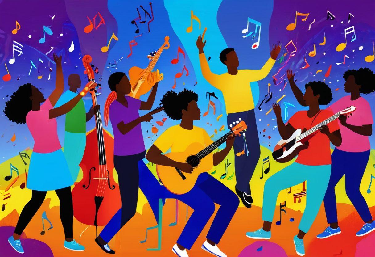 A vibrant scene featuring a diverse group of people engaging in music therapy, with joyful expressions. They are playing various instruments, surrounded by colorful musical notes floating in the air. Incorporate elements of rhythm, such as foot tapping and dancing. The background should be filled with bright colors symbolizing happiness and upliftment. Include a sense of community and connection. vibrant colors. super-realistic.