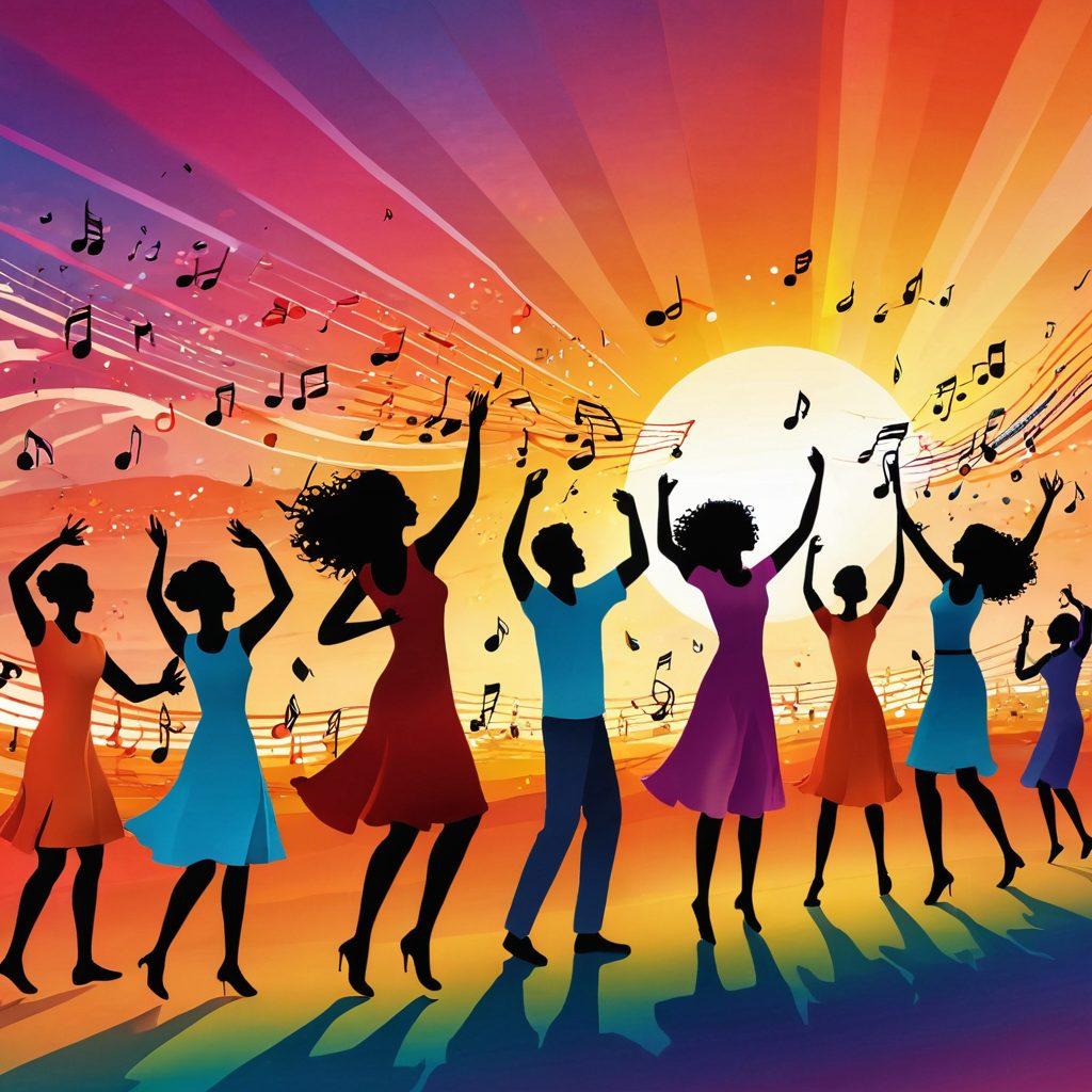 A vibrant illustration depicting a serene landscape where people of diverse backgrounds dance joyfully to the rhythm of music, surrounded by colorful sound waves that visually flow through the air. The scene captures a sunset with warm hues reflecting happiness and contentment. Include musical notes floating around, symbolizing the elation music brings. surreal art. vibrant colors. 3D.